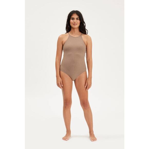 Girlfriend Collective Marlow Ribbed High Neck Bodysuit Fog XL Soft Stretch Thong - Picture 1 of 6
